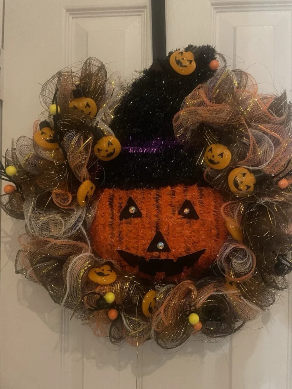 Halloween Deco Mesh Wreath Handmade Pumpkin, Purple Orange  Wall Decor Door 18”
